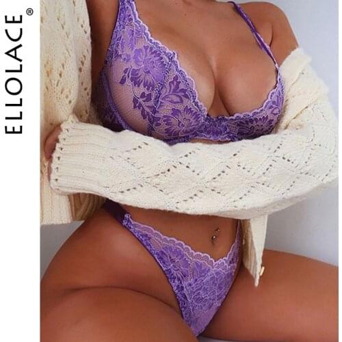 Ellolace Sexy Lingerie Deep-V Floral Embroidery Underwear Push up Underwire Bra Transparent Erotic Brief Sets Intimate Wholesale