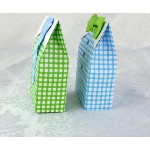 Blue green check bow tie candy chocolate gift box for wedding birthday tea party favor decoration Wh