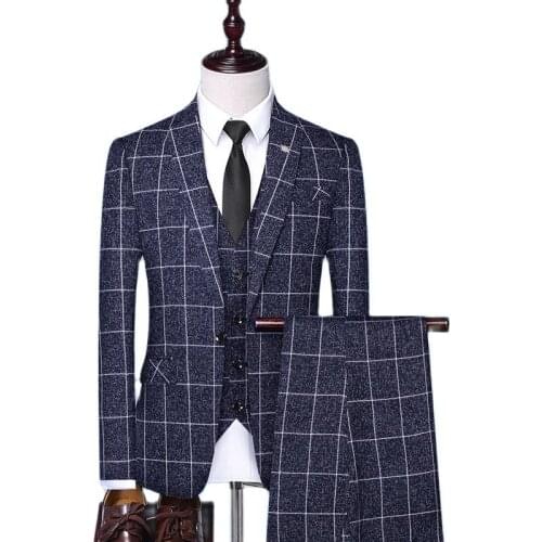 Jackets+Vest+Pants) 2021 Men uxedo plaid business Blazers/Male Slim pure cotton three-piece suit/Man plaid groom dress S-4XL
