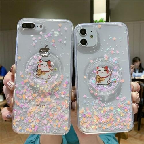Lucky Cat glitter sequins flashing TPU phone case for iPhone 12Pro Max 11 7 8 Plus X XR XS MAX Charming Bling Cover