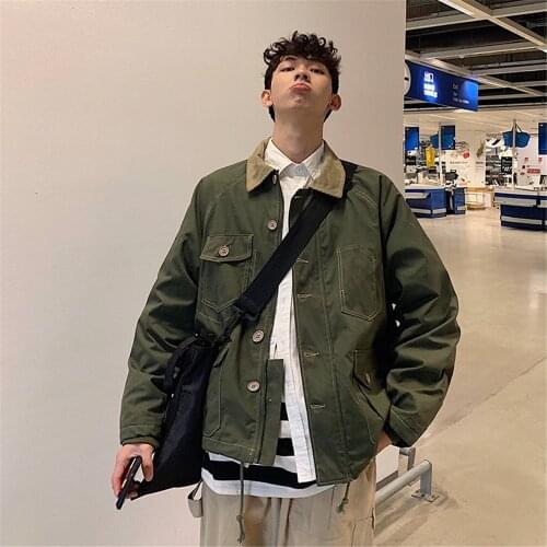 Mens Spring Workwear Pocket Corduroy Collar Stitching Jacket Japanese Harajuku Style Loose Army Green Khaki Top Jacket coat