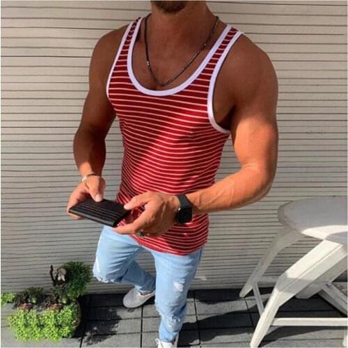Men Striped Casual Vest Fitness Outdoor Sport Running Sleeveless T-Shirt Bodybuilding Men Tops Under Skin Muscle Gym Loose Vest