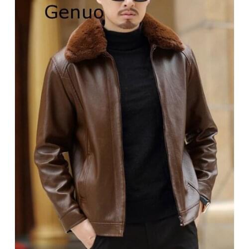 Genuo 2020 New Mens Leather Jacket PU Coats Mens Brand Clothing Thermal Outerwear Winter Fur Male Fleece Leather Down Jackets
