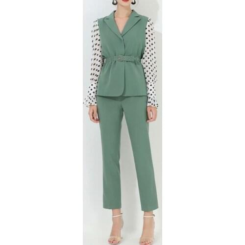 New HIGH QUALITY Fashion 2021 Runway Suit Set Womens Dot Patchwork Belted Blazer Pants Suit