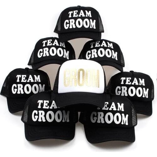 New arrival team groom printing black mesh baseball cap for wedding party adjustable cotton snapback hat unisex hip hop hats