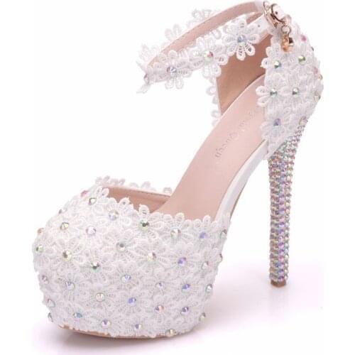 Women Pumps Shoes Lace Waterproof platform Breathable Hollow Buckle Strap Round Toe Thin Heels 14 cm High Heels Wedding Shoes