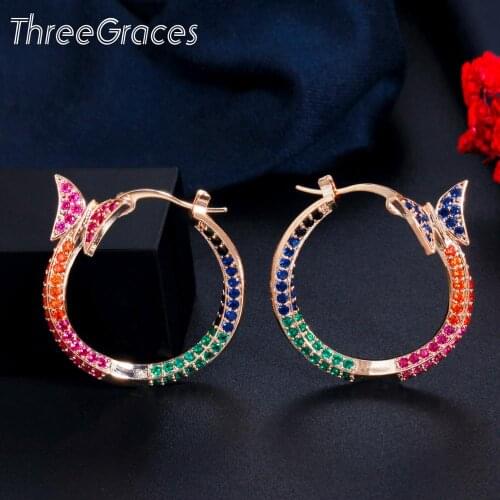 ThreeGraces Unique Colorful Cubic Zirconia Crystal Yellow Gold Cute Butterfly Round Hoop Earrings for Ladies Party Jewelry ER527