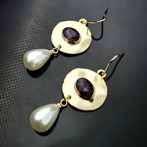 Vintage Gold Color Simulated Pearl Earrings Purple Stone Disc Pendant Dangle Earring For Women Elegant Fashion Jewelry