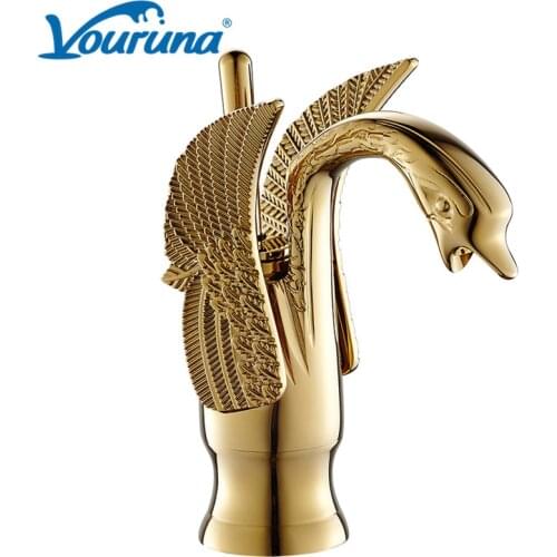 Vouruna Luxury Golden Solid Brass Bathroom Faucet Swan Shape Vanity Basin Sink Mixer Deck Mounted Hot And Cold Mixer Tap