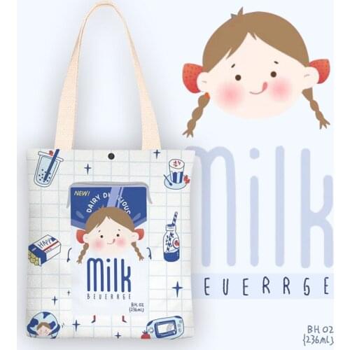 Japanese Style Kawaii Shoulder Bag Women Cartoon Girls Milk Print Canvas Handbags Student Book Bag Tote Shopper Bag Women Bolso