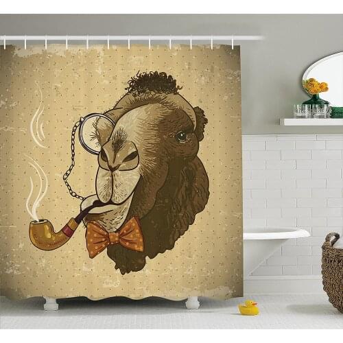Animal Shower Curtain Pop Art Stylized Hipster Camel with Pipe and Monocle Vintage Humor Fun Cool Graphic Bathroom Curtains