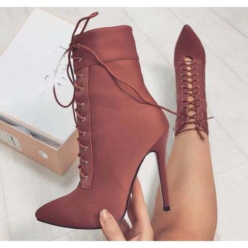 Spring 2019 Hot New Girls Solid Blue Black Stiletto Heels Pointed Toe Lace Up Front Sexy High Heels 100 mm Ankle Sort Boots Lady