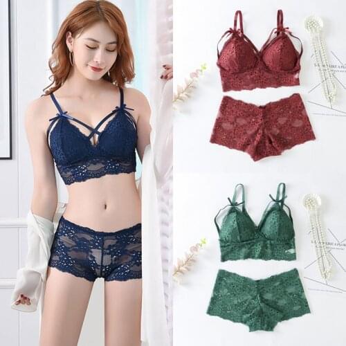Womens Bra Brief Set Beauty Back Lace Gathered No Steel Ring Bra + Panties For Women