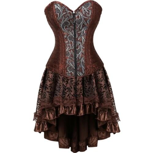 Women Steampunk Floral Lace Corset Dress Vintage Gothic Overbust Corset Bustier Lingerie Top With Asymmetrical Skirt Set Brown