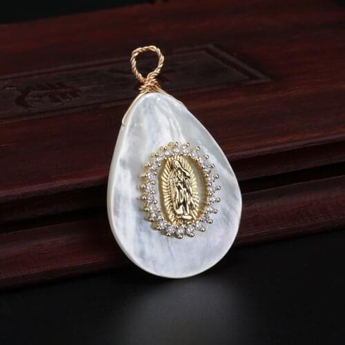 White clear cz glass crystal paved Virgin Mary religious charm natural white water drop shell pendant choker necklace for women