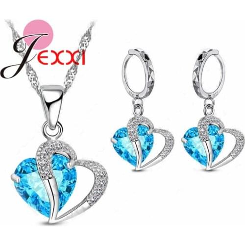 Romantic 925 Sterling Silver Heart Clear Crystals Charming Pendant Necklace Earrings Bridal Women Top Quality Jewelry