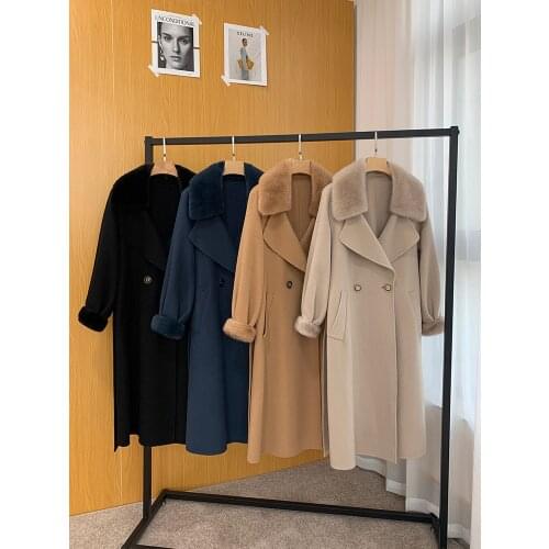 Top Quality Luxury Ladies Real Woon Coats Outerwear Vintage Ladies Oversized Genuine Mink Fur Cuff Trench Coats