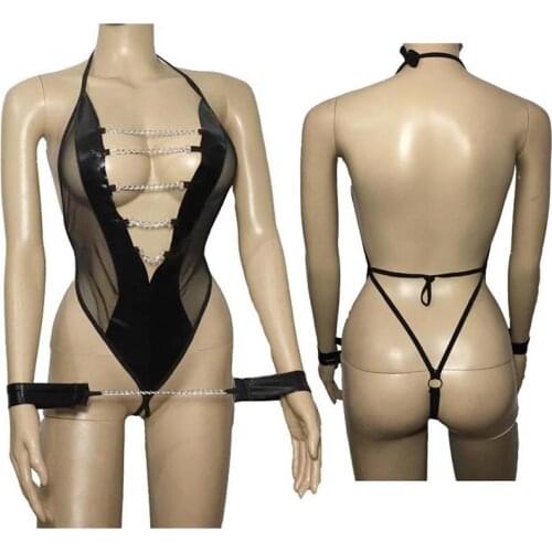 Women Sexy Underwear Faux Leather Sheer Mesh Leotard Teddy Drape Chain Plunge Neck Bodysuit Wrist Cuffs Fetish Lingerie