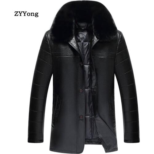 Winter Black Fleece Leather Jacket Men Parka Coat Overcoat Plus Velvet Warm PU Long Removable Lining Fur Collar Windbreaker