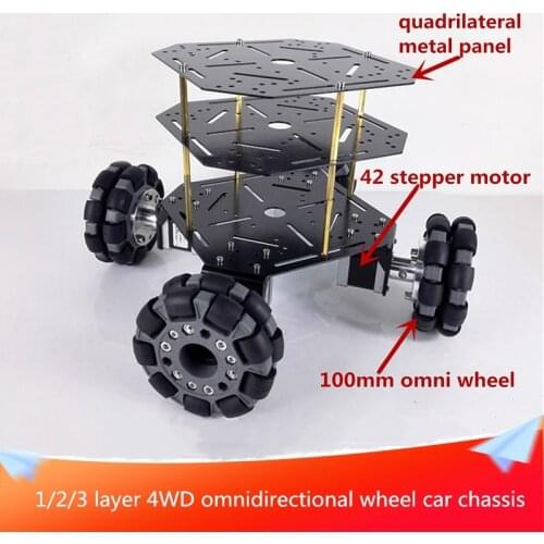 1/2/3 Layer Robot Platform 100mm Nylon Omnidirectional Wheel 4WD Metal Smart Car Chassis Kit 42 Stepper Motor Steel Panel DIY