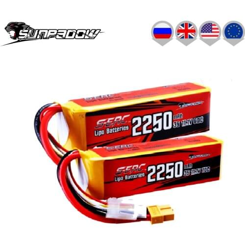 SUNPADOW 11.1V 3S RC Lipo Battery 60C 70C 2250mAh with XT60 Plug for RC Airplane Quadcopter Helicopter Drone FPV Boat Racing