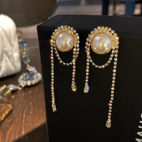 2021 Korean New Shining Rhinestone Simulated Pearl Tassel Trendy Dangle Earrings For Women Fashion Jewelry Party Pendientes