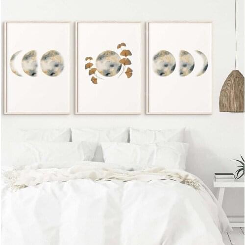 3 sets of printed moon phase gold leaf ginkgo biloba | lunar cycle | solar eclipse | botany | mystic modern wall art | boho styl