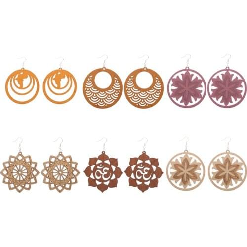 6 Pairs Good Quality Wood Earrings Organic brown Hollow African Woman Wooden Brincos