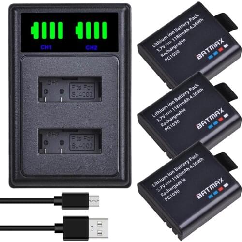 Batmax For SJCAM PG1050 Battery pack+LED Dual USB Charger for SJCAM SJ4000 M10 SJ5000 SJ5000X For EKEN H9 H9R H8R H8 GIT PG900