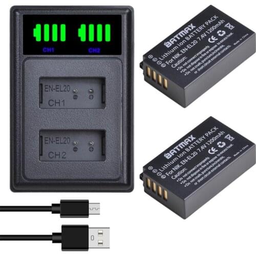 Batmax EN-EL20 EL20 Battery+LED Dual Charger with Type C Port For Nikon EN-EL20a Coolpix P1000 Nikon1 J1, J2, J3 Nikon1 AW1