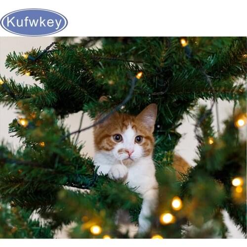 Cats Holidays Christmas tree Branches Animals photo Full Square Diamond Embroidery 5D DIY Diamond Painting cross stitch kits