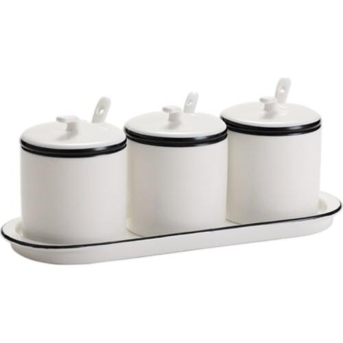 White Ceramic Sugar Bowls Condiment Pots Spice Jars Seasoning Box Set with Lid Spoon and Tray-Sets of 3