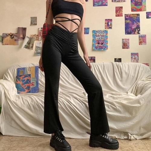 Summer Ruched Bandage Straight Pants High Waist Hollow Out Trousers Skinny Baggy Joggers Sweatpants Buttoms Streetwear Y2K