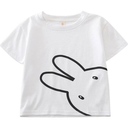 Children T-shirt Summer Pure Color Short Sleeves Kids Dresses Cartoon Cute Rabbit Printing Casual Round Collar Clothes Unisex