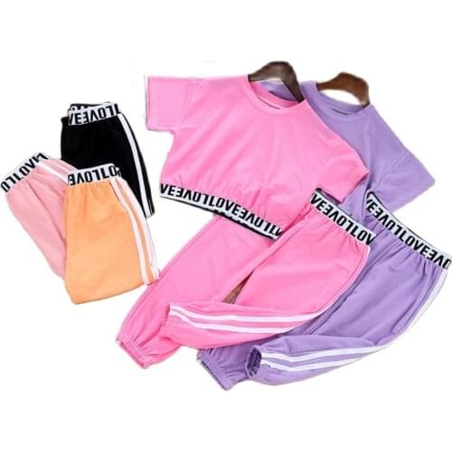 Childrens Short Sleeve Suit Girls Tall Waist T-Shirt +Wide-Legged Pants Baby Two-Piece Summer Fashion Korean Version Sportswear