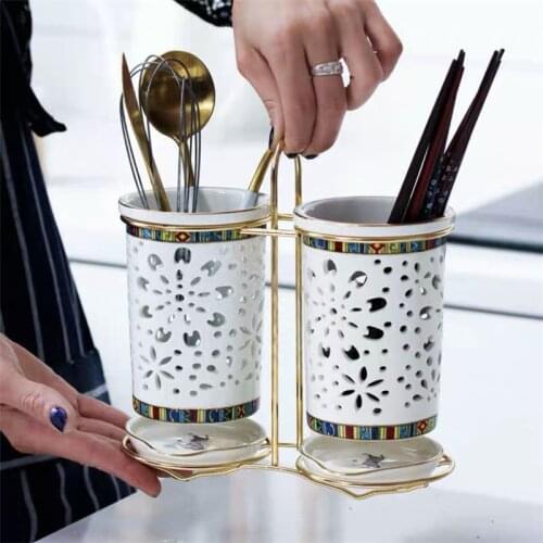 European Style Ceramic Chopsticks Cage Creative Hollow Kitchen Tableware Draining Rack Household Knife Fork Spoon Storage Holder