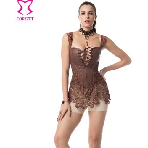 Brown Floral Lace and Leather Corset Dress Corselet Plus Size Women 6XL Steampunk Corsets and Bustiers Sexy Gothic Clothing