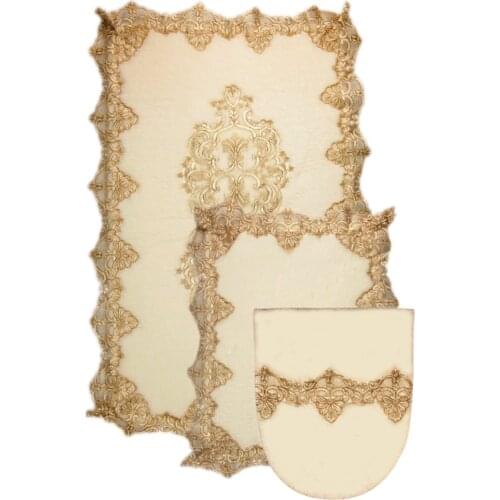 Cream Gold Palace 3lu Dowries French lace Aplikli Toilet Seat Pad Bath Mat Set
