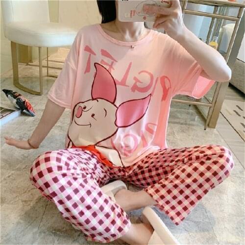 Disney cartoon Minnie piggy girl summer pajamas women short-sleeved trousers casual cute cartoon loose home service 2-piece suit