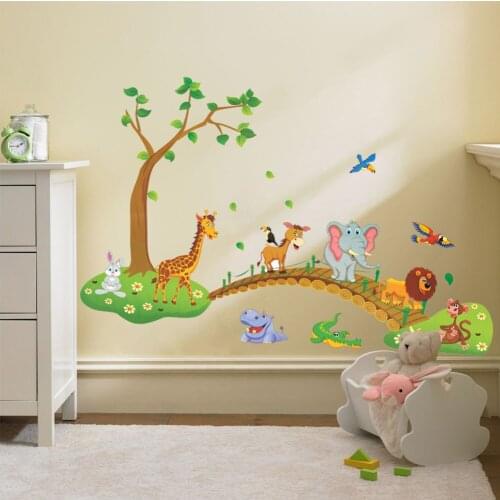 Cartoon Jungle wild animal wall stickers for kids rooms home decor lion Giraffe elephant birds living room PVC decals