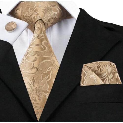 C-309 Golden Brown Mens Tie Set 2017 Jacquard Silk Ties Pocket Square Cufflinks Fashion Floral Ties for Men 8.5cm Corbatas