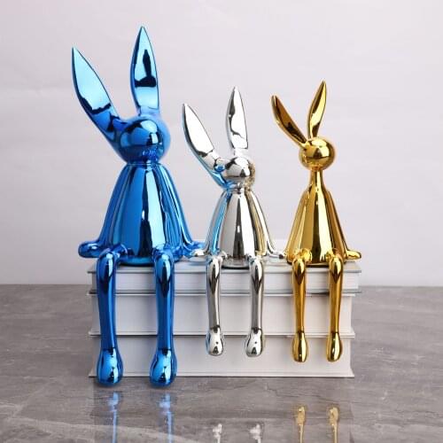 New Arrival Modern Rabbit Electroplating Blue Silver Gold Resin Animal Statue Figurine Home Office Decoration Sculpture