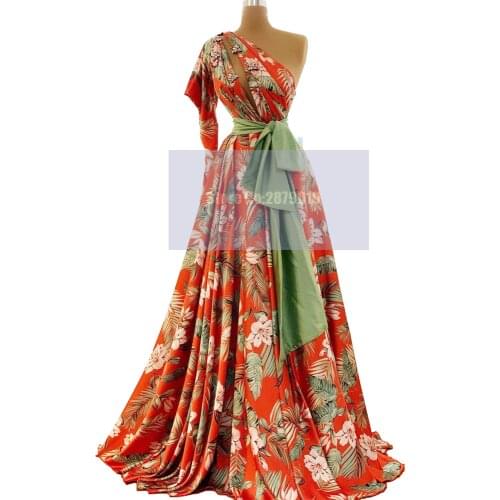 New Arrival One Shoulder A-Line Evening Dresses Satin Printing Flowers Floor-Length Sash Prom Dress Vestidos Formales 2020 Dubai