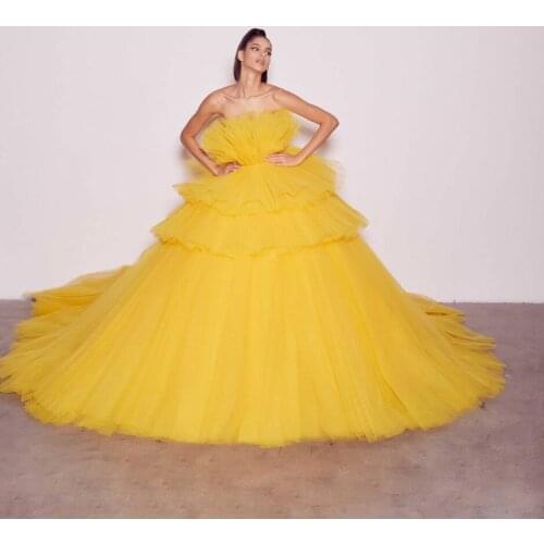 Dreamlike Gold Puffy Tulle Ball Gowns For Women To Formal Party Ruffles Lush Tutu Long Prom Gowns Off The Shoulder Vestido