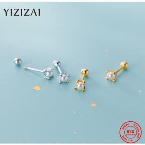 YIZIZAI Minimalist 925 Sterling Silver Mini Small Crown Pearl Stud Earring Screw Ear Bone Nail Pearl Earrings Piercing Jewelry