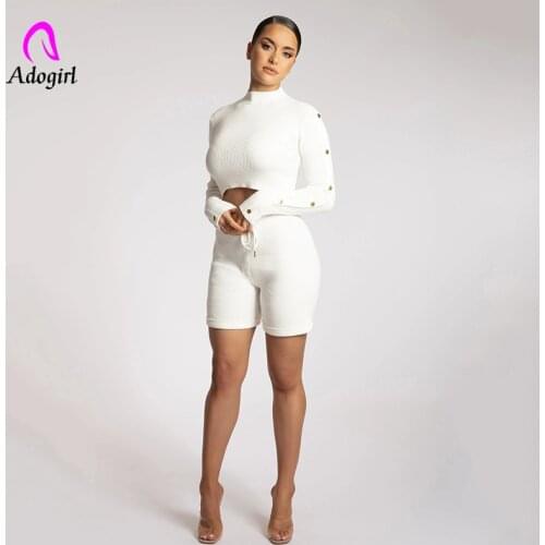 Gray Turtleneck Crop Tops Bodycon Shorts Sets 2020 Autumn Women Casual 2 Pieces Set Side Button Stitching Shorts Matching Set