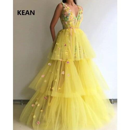 Yellow Evening Dress V-Neck Applique Tiered Robe De Soiree Formal Dress Islamic Dubai Kaftan Saudi Arabic Prom Dress vestidos