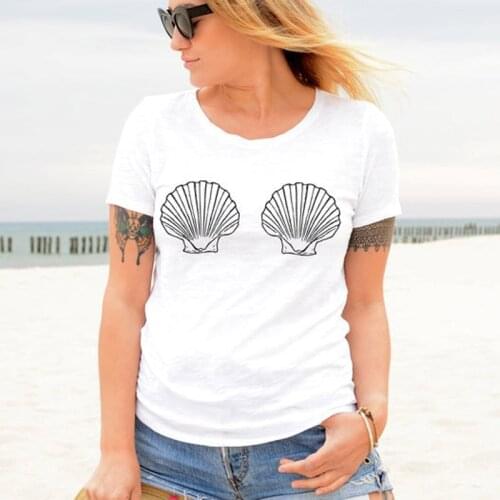 Mermaid Sea Shell Bra Print T-shirt Women Aesthetic Boob Graphic Funny Tee Top Casual Summer Tumblr Vacay Beach Tshirt Drop Ship