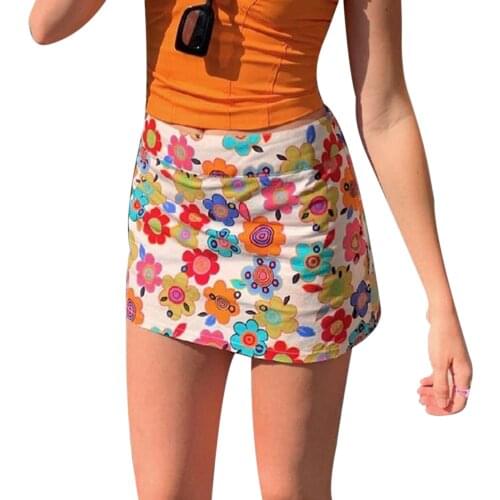 Womens A-Line Mini Skirts, High Waist Floral Print Above Knee Split Short Skirts