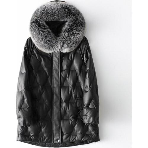 High End New Winter Fox Fur Collar Down Jacket Women Leather Hooded Medium Length Black Coat High Quality Office Zipper Parka